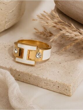 Gold & White Enamel Crystal Statement Ring | Designer Inspired